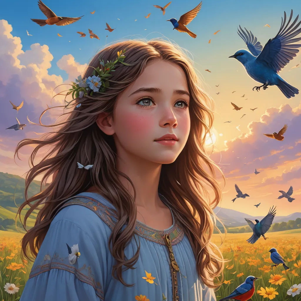 a painting of a girl with a bird in her hair and birds flying around her head and a field of flowers, fantasy art, a detailed painting, Brad Kunkle, highly detailed digital painting