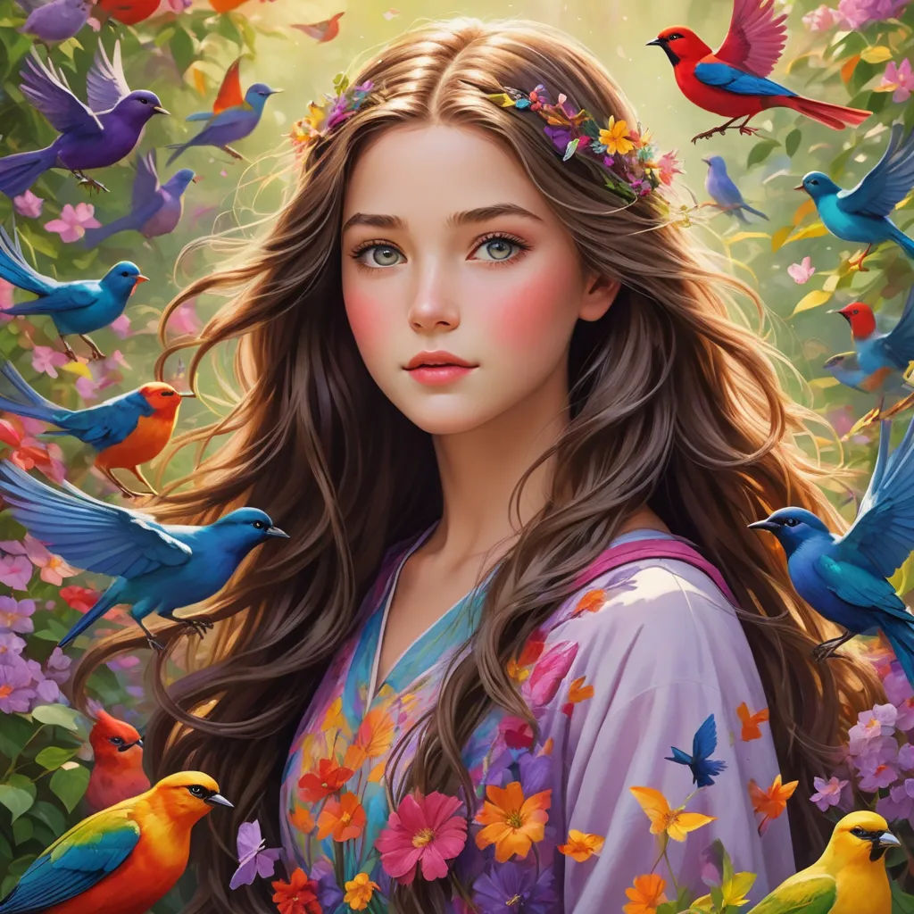 a painting of a woman surrounded by birds and flowers in a forest with a sunbeam in the background, fantasy art, a detailed painting, Artgerm, highly detailed digital painting