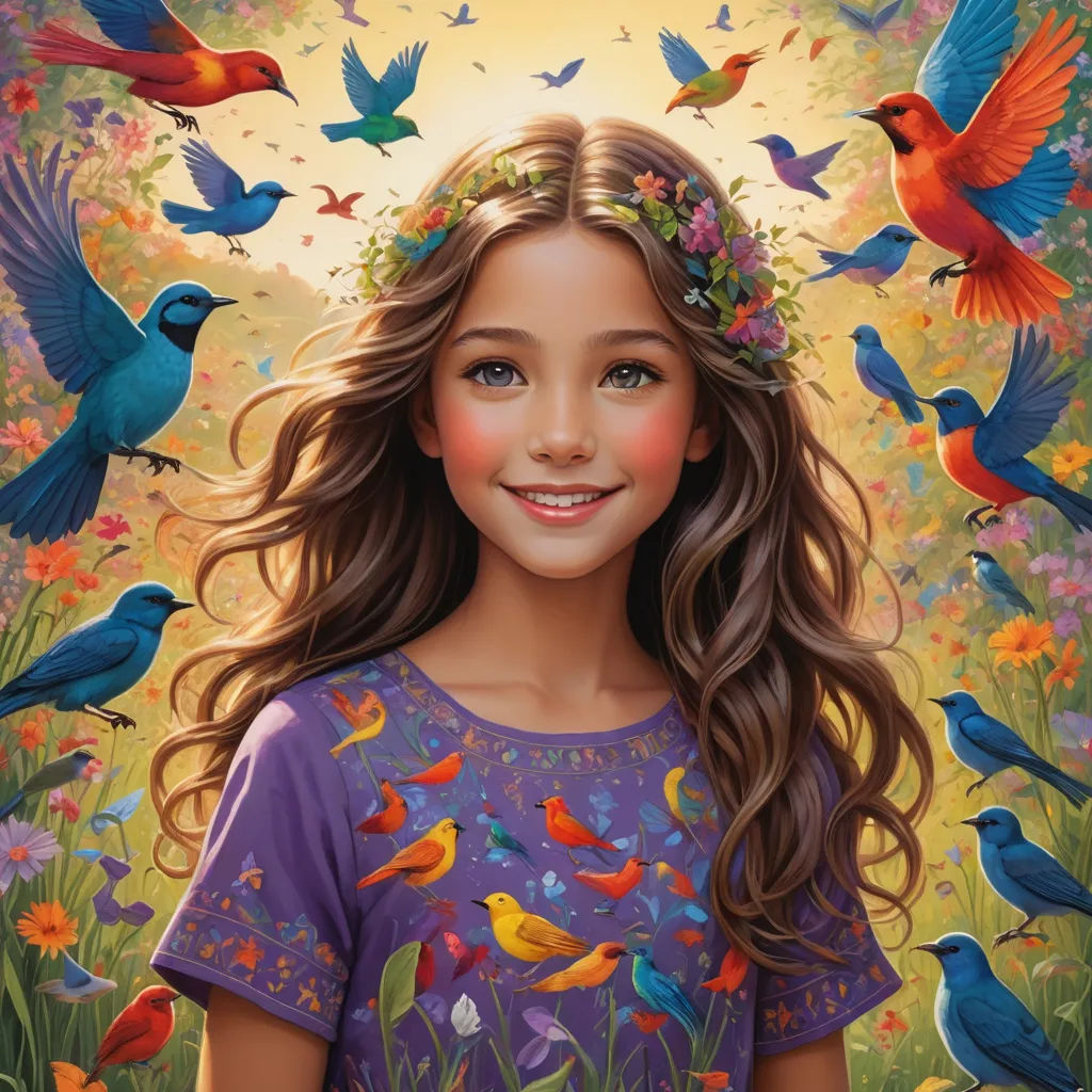 a painting of a girl with birds around her head and a bird in her hair, smiling at the camera, magic realism, a detailed painting, Edwin Georgi, highly detailed digital painting