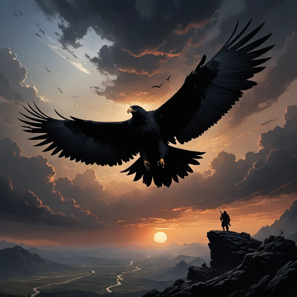 a bird flying over a person on a hill at sunset with a sky background and clouds in the background, fantasy art, a matte painting, Anne Stokes, majestic