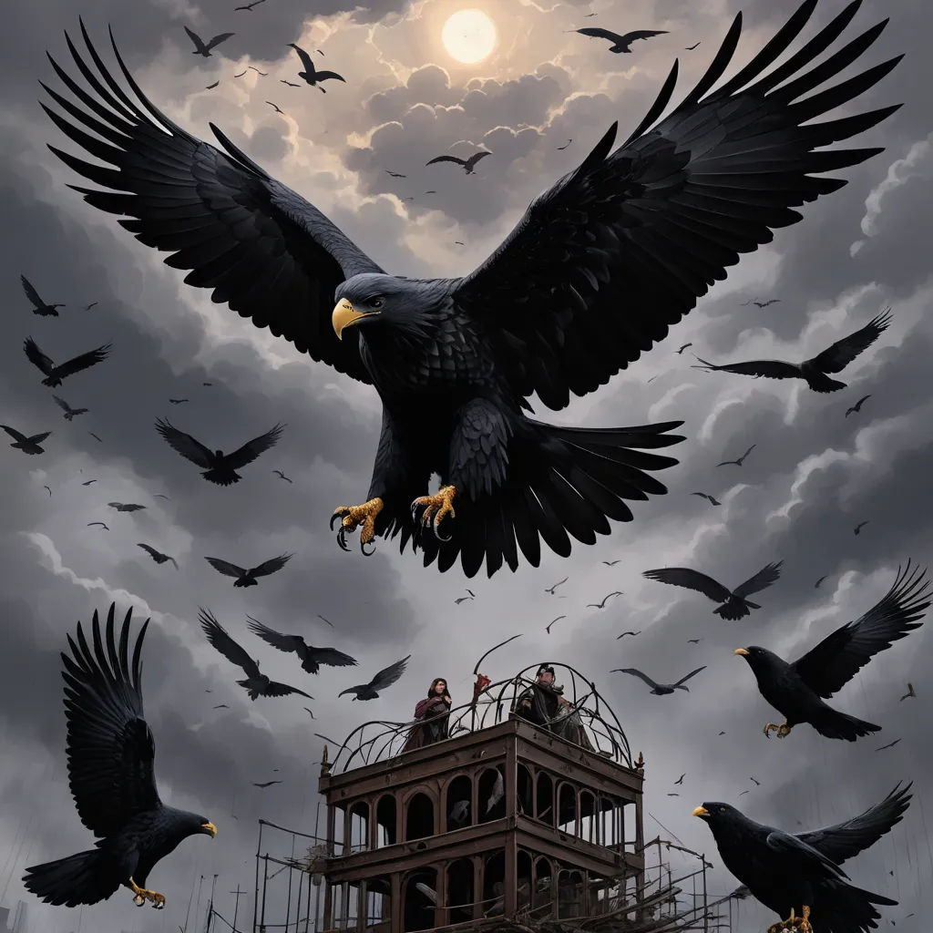 a painting of a bald eagle flying over a building with crows flying around it and a full moon in the sky, fantasy art, a detailed matte painting, Dan Mumford, comic cover art