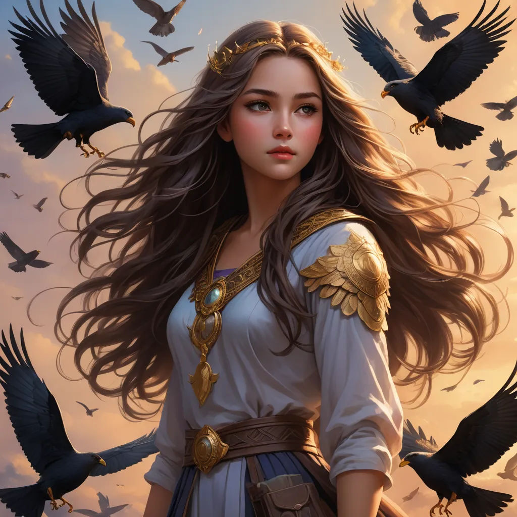 a woman with long hair and a crown on her head surrounded by birds in the sky, with a sky background, fantasy art, a detailed painting, Anne Stokes, epic fantasy character art