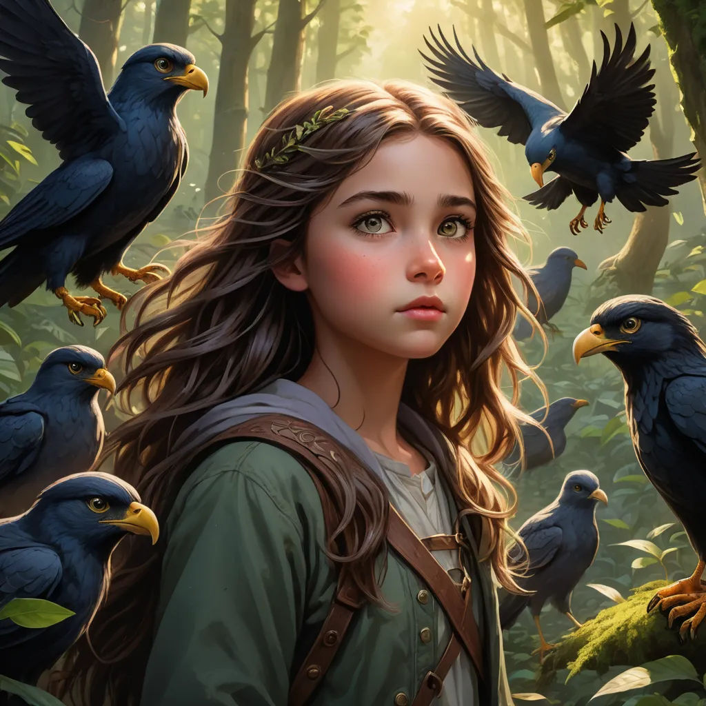 a girl surrounded by birds in a forest with a forest background and sunlight shining through the trees and leaves, fantasy art, a storybook illustration, Art of Brom, epic fantasy character art