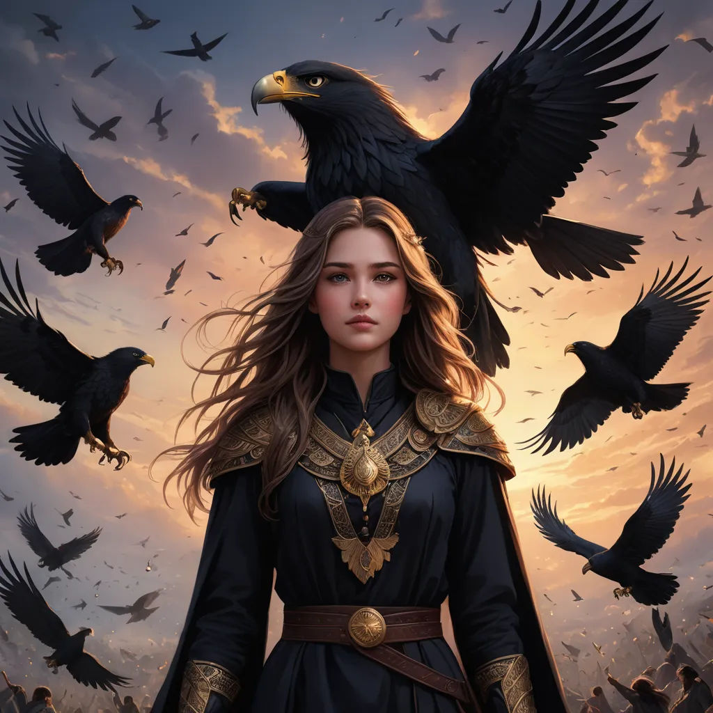 a woman in a black dress with a bird on her shoulder and a bird on her shoulder, and a bird on her shoulder, fantasy art, a detailed painting, Anne Stokes, epic fantasy character art