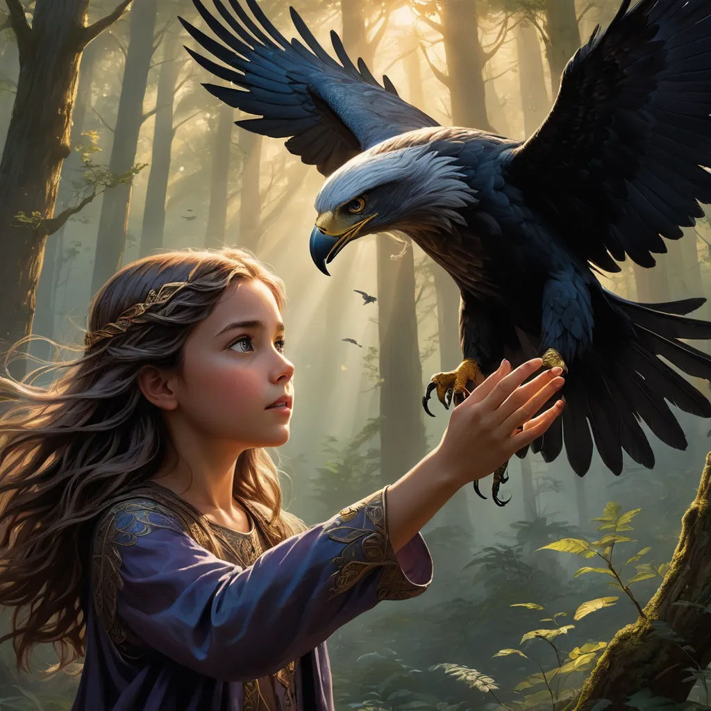 a girl holding a bird in her hand in a forest with a bird on her arm and a bird in her hand, fantasy art, a detailed matte painting, Cliff Childs, promotional image