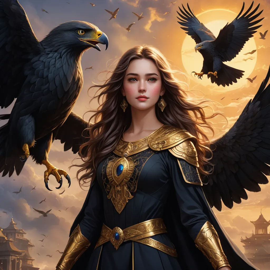 a woman in a black dress with a golden dress and two black birds on her shoulder and a castle in the background, fantasy art, a detailed painting, Anne Stokes, epic fantasy character art
