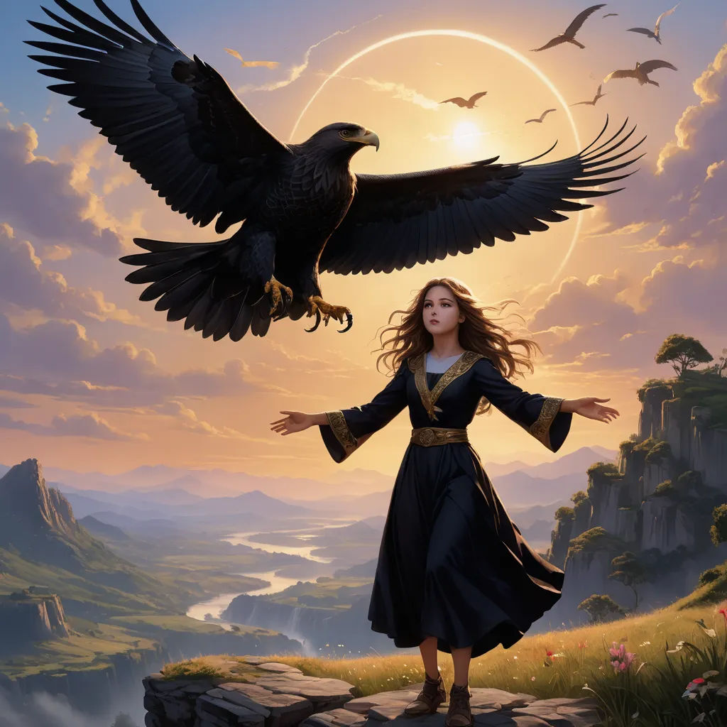 a woman standing on a cliff with a bird on her arm and a bird flying above her head, with a sunset in the background, fantasy art, a storybook illustration, Christophe Vacher, epic fantasy character art