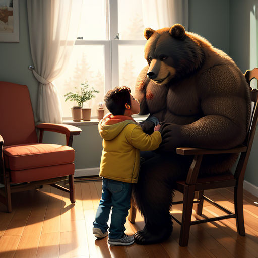 a child is standing next to a large bear in a chair with a stuffed bear on it's back