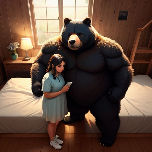 a girl standing next to a giant bear in a bedroom with a bed and a window in the background