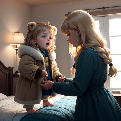 a little girl is helping a little girl put on her coat in a bedroom with a bed and a window