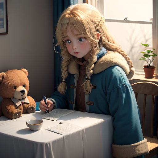 a little girl sitting at a table with a teddy bear and a cup of coffee in front of her