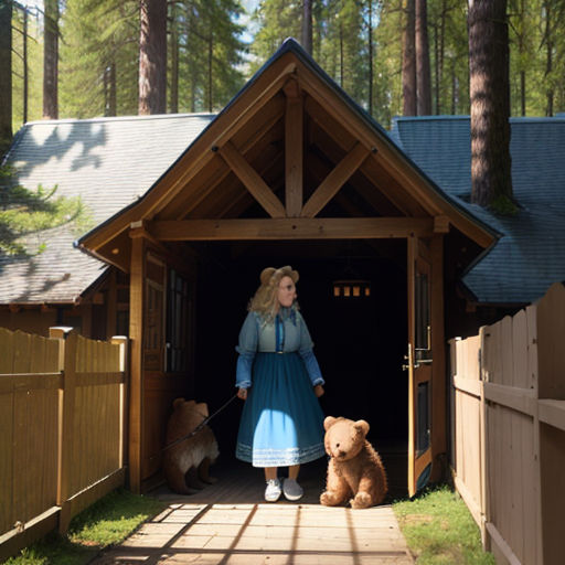 a woman in a blue dress standing in a doorway with a teddy bear and a house in the background