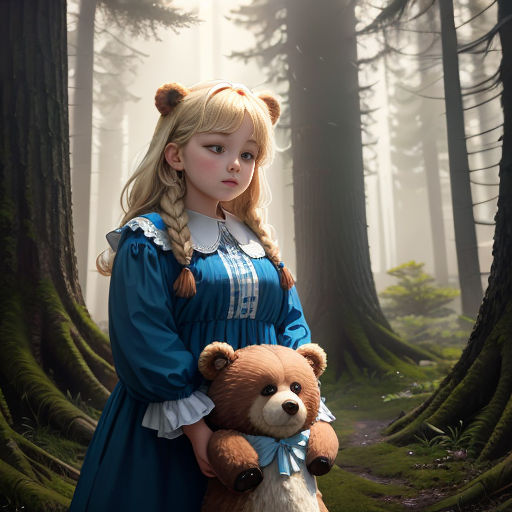 a girl in a blue dress holding a teddy bear in a forest with trees and grass behind her and foggy sky