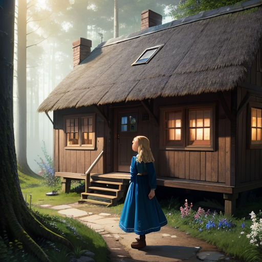 a little girl standing outside of a small cabin in the woods with a porch and steps leading to a porch