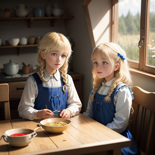 two little girls sitting at a table eating food together, with a window in the background and a bowl of noodles in front of them