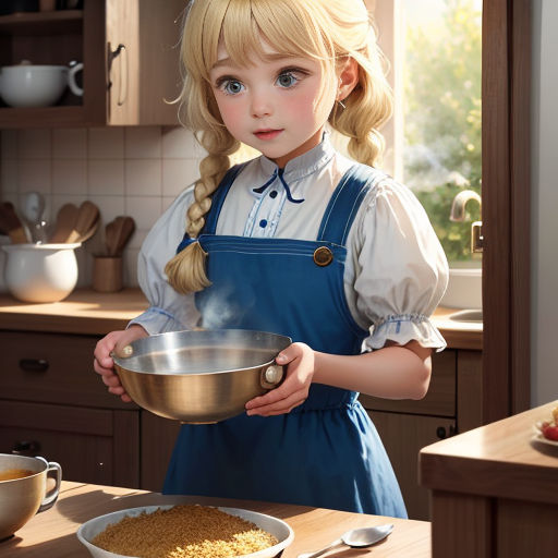 a little girl in a blue dress holding a bowl of food in a kitchen with a wooden counter top