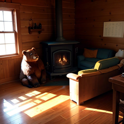 a bear sitting in a living room next to a fire place in a cabin with wood floors and walls