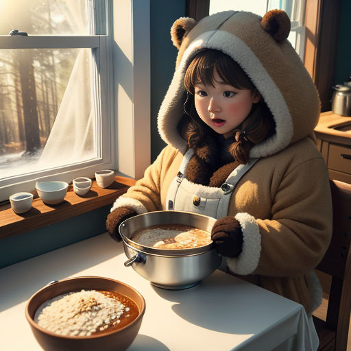 a girl in a bear costume is eating cereal from a bowl and a bowl of cereal on a table