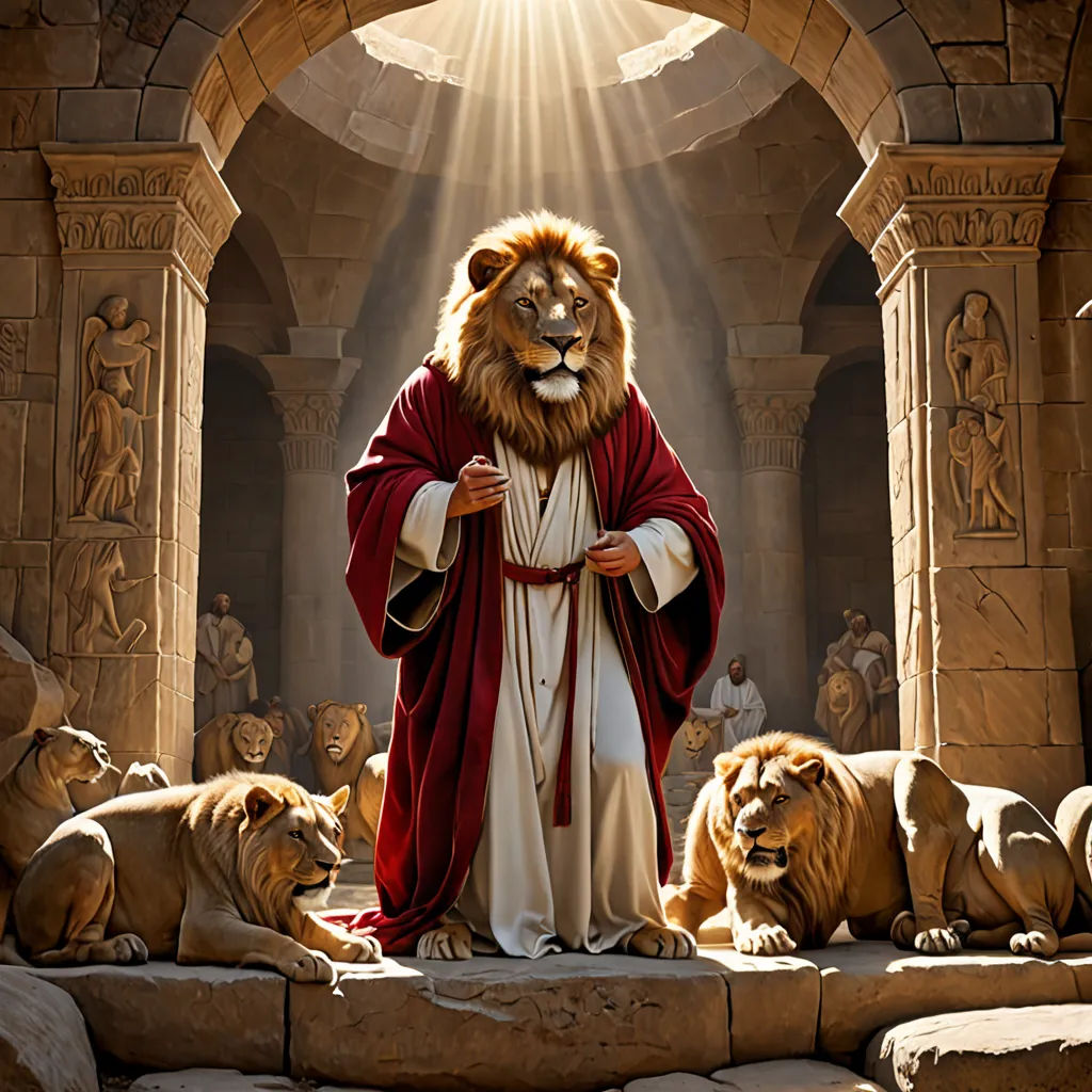 a painting of a lion with a man in a red robe and lions surrounding him in a stone archway, renaissance, a digital rendering, Dionisius, powerful