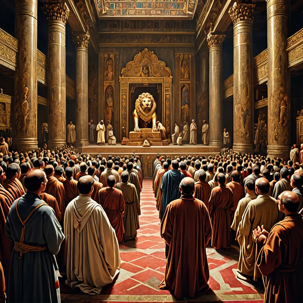 a large group of people in a large room with a statue in the background and a lion statue in the middle, classical realism, a detailed matte painting, Cimabue, cinematic matte painting