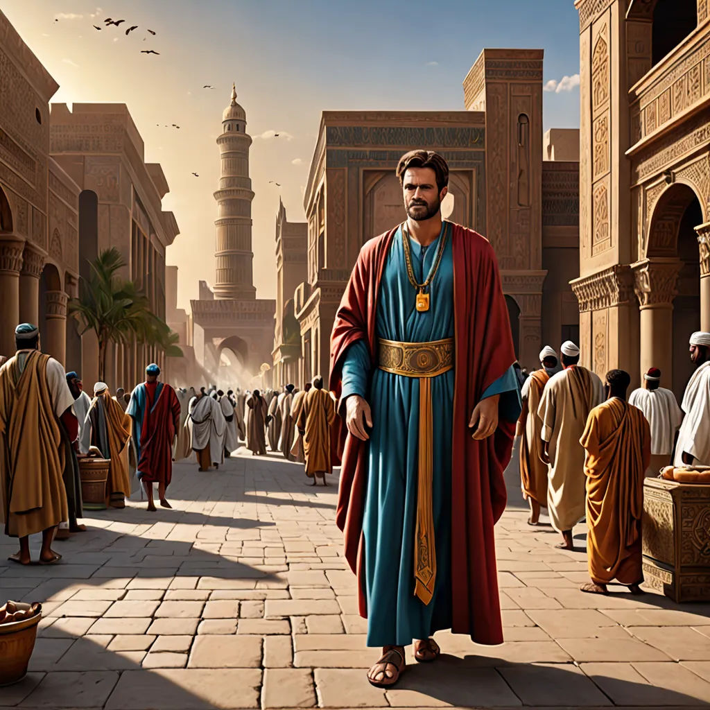 a man in a blue and red outfit is walking down a street with a lot of people in the background, unilalianism, a detailed matte painting, Clint Cearley, cinematic matte painting