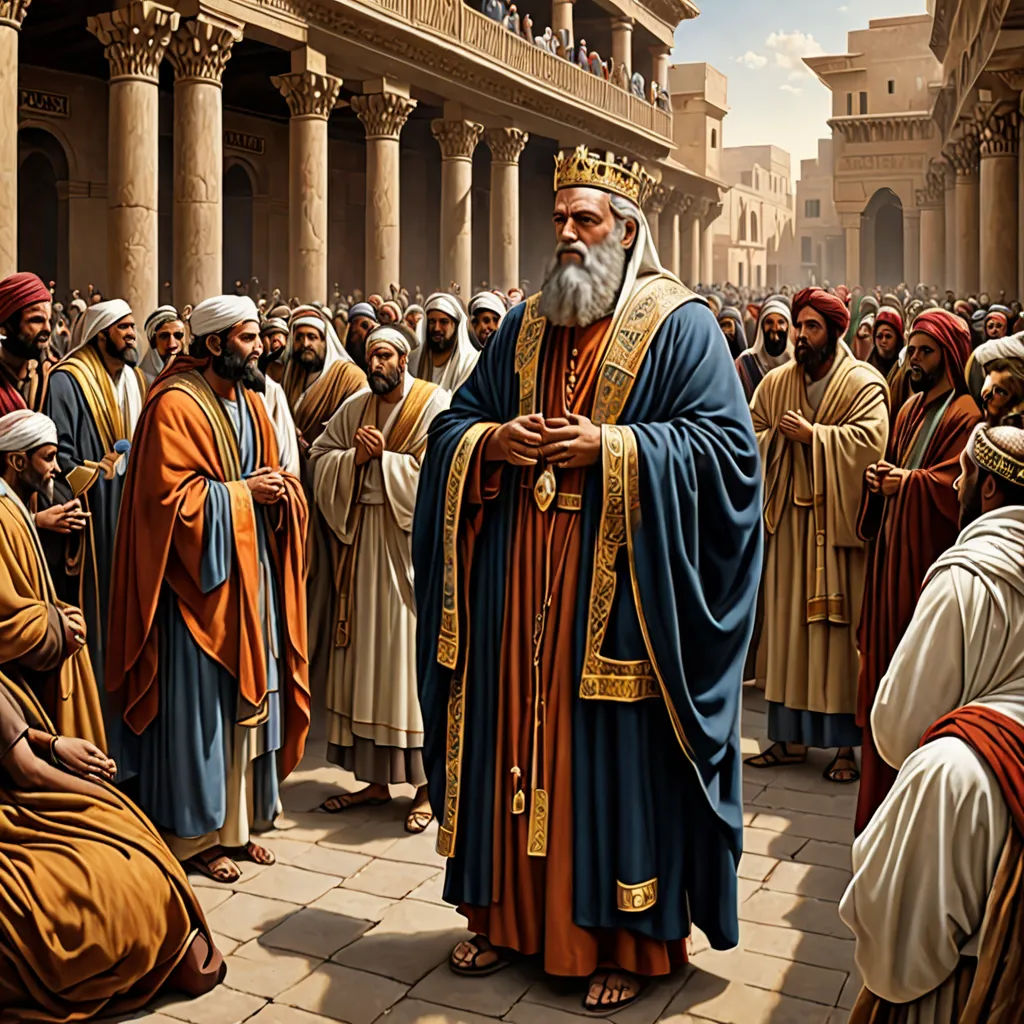 a painting of a man in a crown surrounded by other men in robes and robes, standing in a courtyard, letterism, a detailed painting, Dionisius, highly detailed digital painting