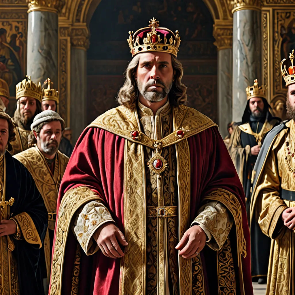 a group of men in robes and crowns standing in a line in front of a building with columns and pillars, renaissance, a flemish Baroque, Artur Tarnowski, promotional image