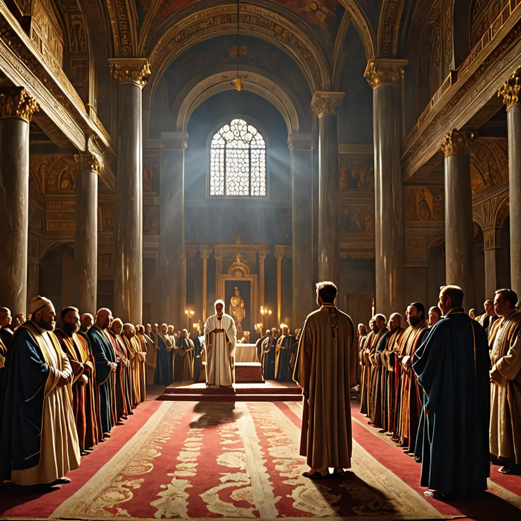 a man standing in front of a crowd of people in a church with a priest in the middle of the room, renaissance, a renaissance painting, Cimabue, cinematic photography