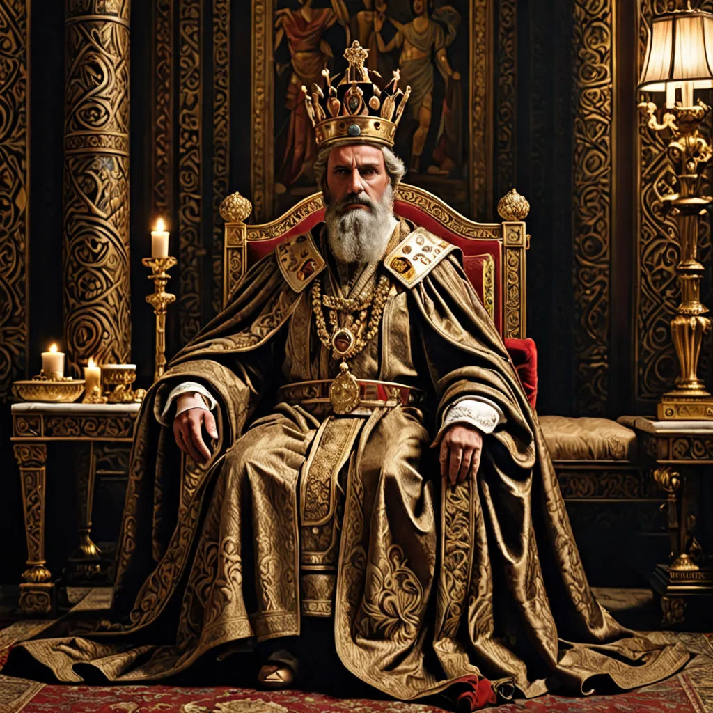 a man in a golden robe sitting on a red chair with a crown on it's head and a lit candle in the background, excessivism, a poster, Artur Tarnowski, promotional image