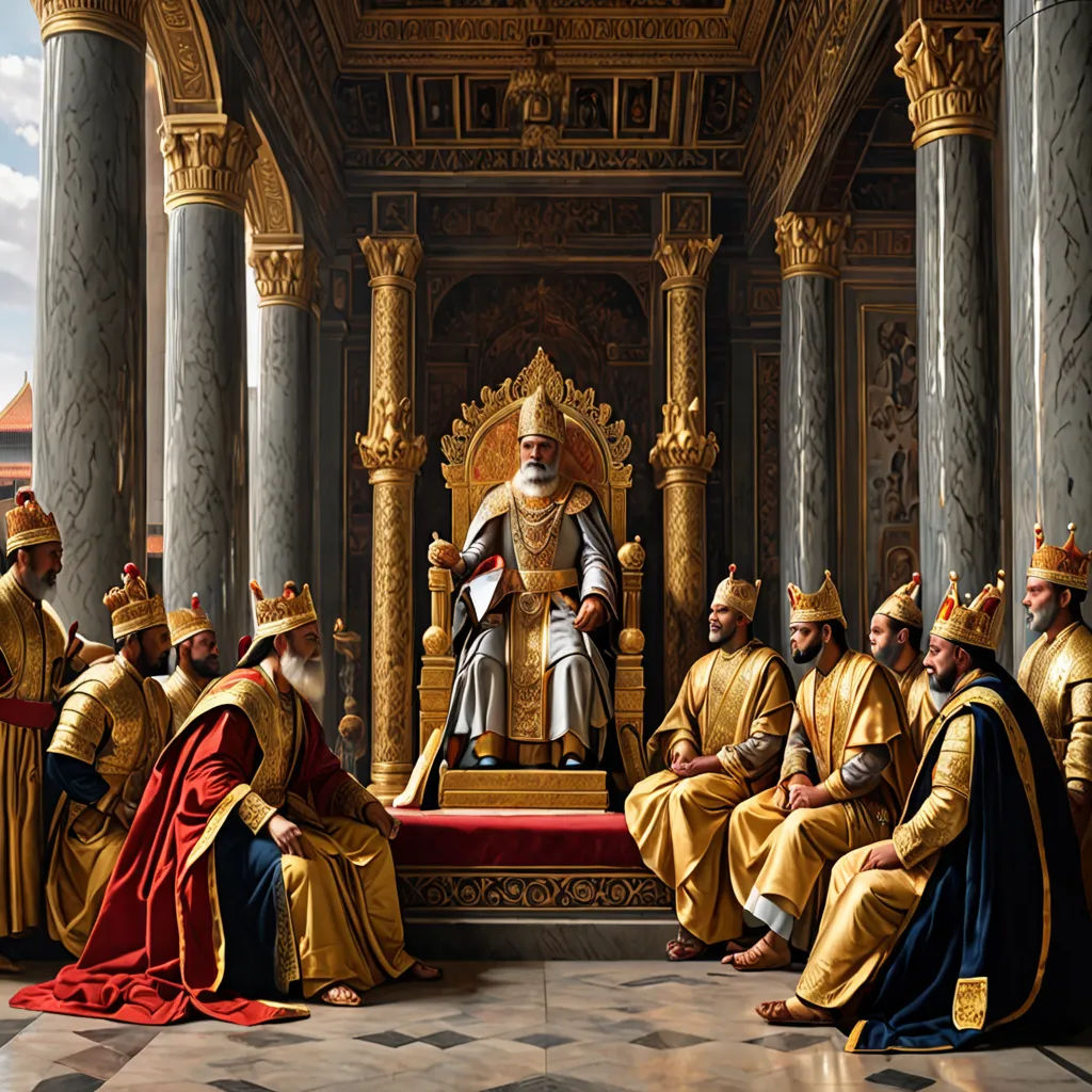 a painting of a group of men in robes sitting on a throne in a room with columns and columns, qajar art, an ultrafine detailed painting, Edmund Leighton, highly detailed digital painting
