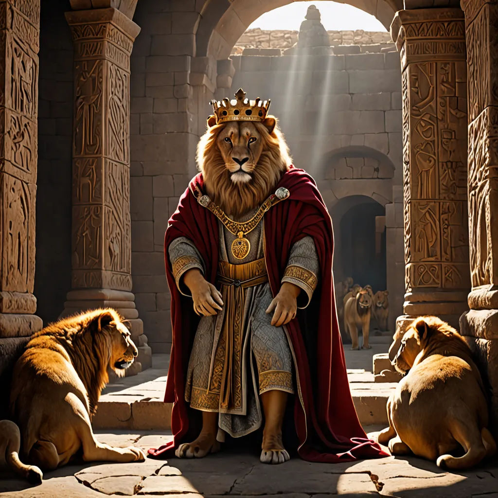 a lion in a crown and a lion in a red cape are sitting in a stone archway with two lions, furry art, a raytraced image, Edward George Handel Lucas, promotional image