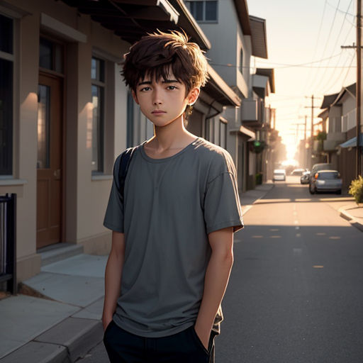 a boy standing on a street corner with a backpack on his back and a car parked on the side of the street