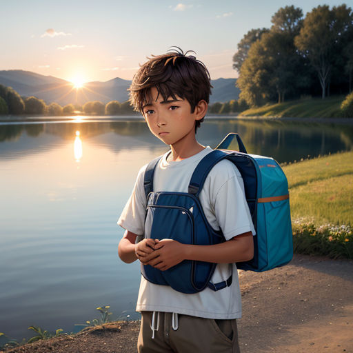 a boy with a backpack standing by a lake at sunset with a cell phone in his hand and a backpack on his back