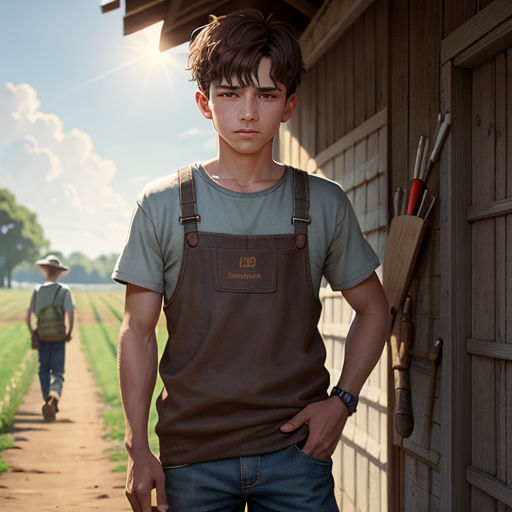 a man standing in front of a barn with a gun in his hand and a man walking down the road behind him