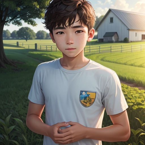 a boy standing in a field with a house in the background and a tree in the foreground, with a house in the background