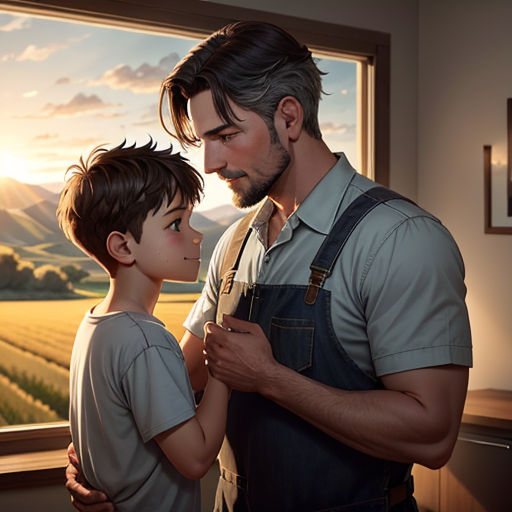 a man and a boy standing in front of a window looking at each other and smiling at each other