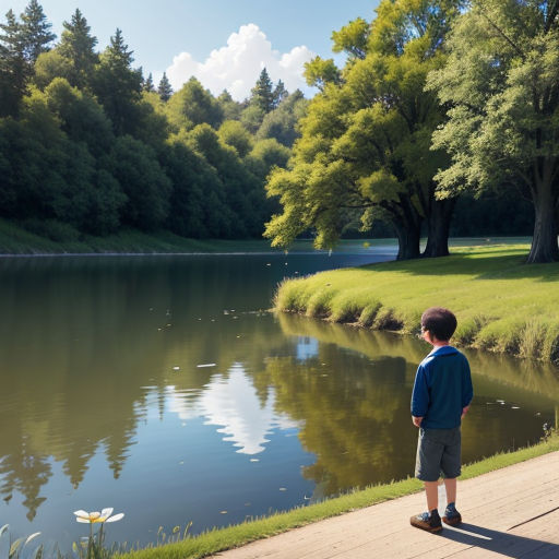 a boy standing on a sidewalk looking at a lake with trees in the background and a few ducks in the water