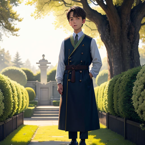 a man in a blue coat and tie standing in a garden with a tree and bushes behind him and a walkway leading to a statue