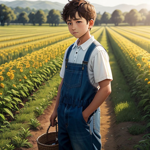 a boy in overalls holding a basket in a field of sunflowers with a mountain in the background