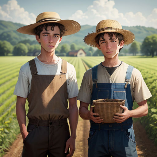 two boys in overalls and hats standing in a field with a basket in front of them, one holding a straw hat