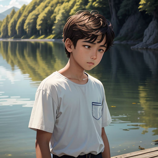 a boy standing on a dock next to a lake with a forest in the background and a lake in the foreground