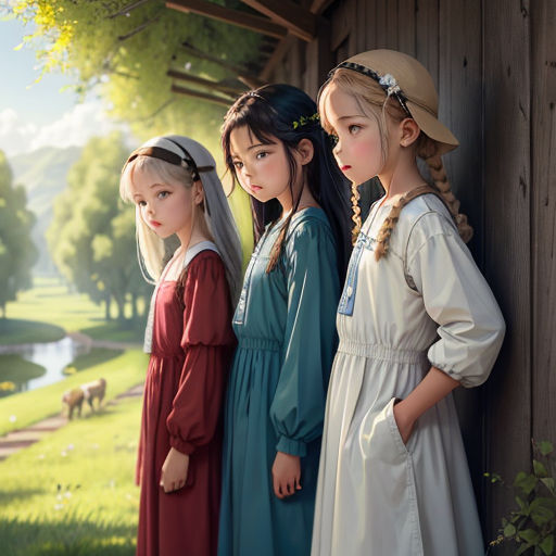 three girls in dresses standing next to a wooden building with a river in the background and a dog in the foreground