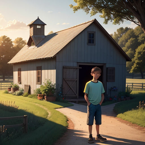 a boy standing in front of a barn with a clock tower on top of it's roof and a sun shining on the barn