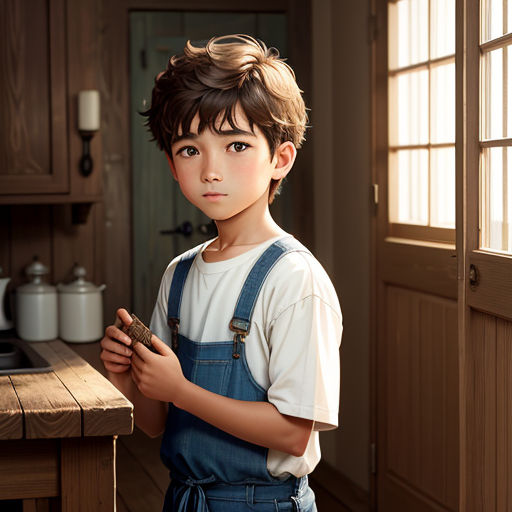 a young boy standing in a kitchen holding a cookie in his hands and looking at the camera with a serious look on his face