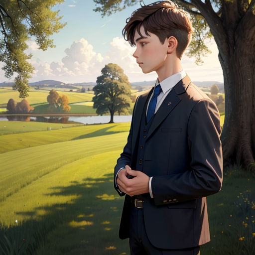 a painting of a man in a suit standing in a field with a tree in the background and a lake in the foreground