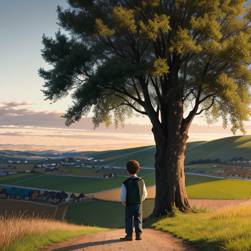 a boy standing on a dirt road next to a tree and a field with houses in the background and a sky with clouds