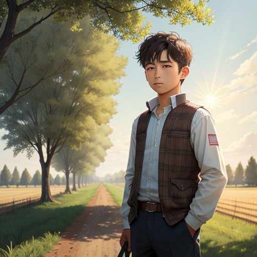 a man standing on a dirt road next to a field and trees with a dog in his hand and a dog in his hand