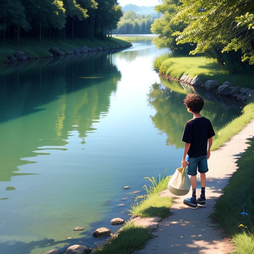 a boy is standing on a path near a river with a bucket and a bag in his hand and looking at the water