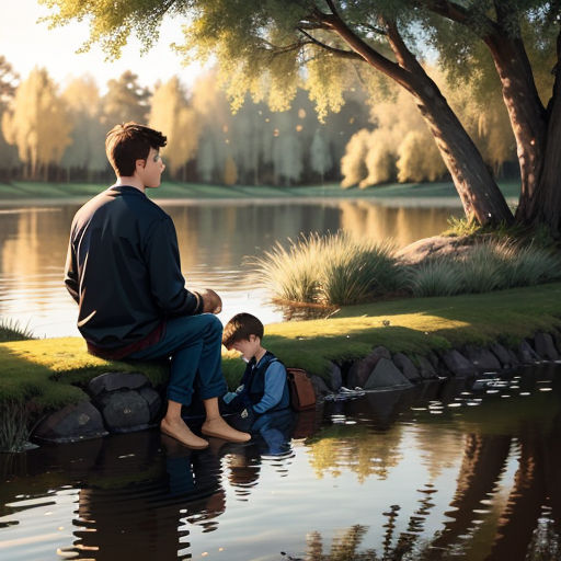 a man and a boy sitting on a rock by a lake looking at a laptop computer screen with a tree in the background