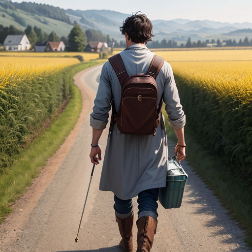 a man walking down a road with a backpack on his back and a bucket in his hand and a cane in his other hand